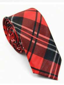 1PC Men's Red Plaid Striped Textured Pattern Preppy Style Necktie, Suitable For School, Festival, Date, Wedding, Hosting, Daily Wear - Red - View 3
