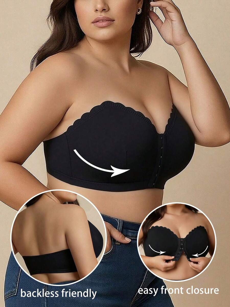 Plus Size Women's Western Style Invisible Non-Slip Strapless Bra, Soft Elegant Breathable, Wire-Free No Padding Push-Up - Black - View 1