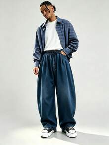 Herrbyxor i denim med superlös passform, breda höfter, enfärgad, elastisk midja, avslappnade och mångsidiga, obegränsade, för alla säsonger, hiphop, långa byxor - Mediumtvätt - Visa 2