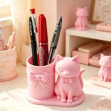 1pc 3D Printed Bowknot Cute Cartoon Cat Pen Holder, Suitable For Children's Desks In Schools And Daycare, Partitioned For Organization And Sorting - Multicolor - View 7