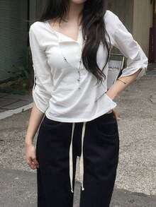 Korean Style Minimalist Multi-Button Adjustable Half-Open Collar 3/4 Sleeve T-Shirt - White - View 7
