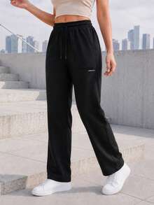 Women's Casual Straight Leg Pants With Elastic Drawstring Waist And Front Pockets, Relaxed Everyday Trousers - Black - View 3