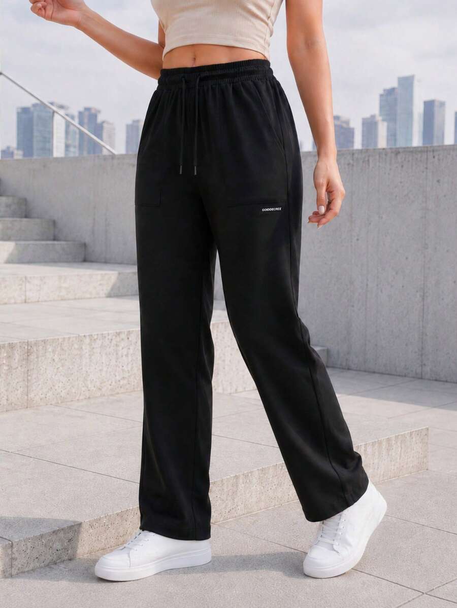 Women's Casual Straight Leg Pants With Elastic Drawstring Waist And Front Pockets, Relaxed Everyday Trousers - Black - View 1
