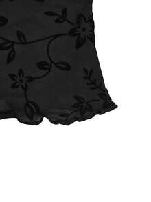 Sexy Flocked Floral Sheer Frill Trim Fitted Mesh Long Sleeve Top & Camisole 2 Pieces Set, Autumn/Winter New, Versatile For Date And Commute - Black - View 7