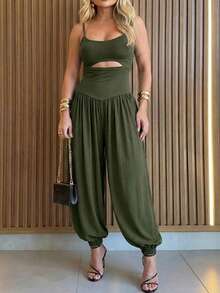 Women Spaghetti Strap Midriff Cutout Jumpsuit High Waist Gathered Harem Pant Romper Elastic Ankle Cuff Relaxed Fit Casual Daily Street Party Outfit - Army Green - View 7