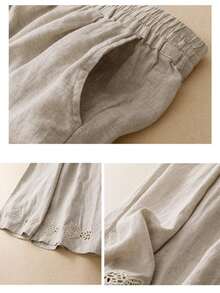 Linen Blend Wide Leg Pants, Elastic Waist Embroidered Hem Autumn Long Pants - Linen - View 3