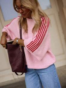 Women's Colorblock Striped Long Sleeve Sweater Top 2026 Round Neck Mid-Short Knit Sweater French Street Style Autumn Daily Coffee Shop Pink Fall - Pink - View 2