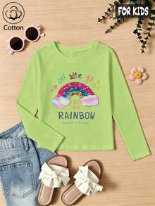 Girls Cotton Raglan Long Sleeve Tee For Fall Winter, Cartoon Rainbow Print With Clouds, Crown, Stars & Hearts, Sweet Preppy School Style - Fruit Green - View 3