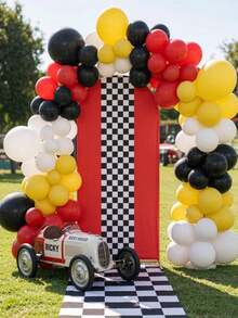 1pc Checkered Arch Backdrop Cover, Checkerboard Pattern Baby Shower Gender Reveal Birthday Decoration, Racing Theme Baby Party Photography Arch Decor Set, Party Supplies - Multicolor - View 6
