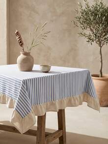 1pc Fresh Blue Striped Ruffle Edge Tablecloth, American Country Style Simple Decorative Dining Table Cloth, Rectangular Coffee Table TV Cabinet Entryway Multi-Functional Cover, Suitable For Holiday Party Birthday Party Wedding Dinner Table Decoration Room Decoration Office Desk Coffee Table Mat Outdoor Picnic Mat Home Decor Room Decoration All Season - Navy Blue - View 3