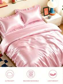 HONEYMOON 2/3pcs Luxury Satin Pink Ruffle Edge Duvet Cover Set, Ruffle Edge Tassel Duvet Cover Set, Solid Color Vintage Luxury Farmhouse Style Bedding Set, 3pcs Bohemian Style Ruffle Edge Tie Duvet Cover Set (Duvet Insert Not Included). Perfect Fit For Twin, Full, Queen, King And Other Bed Sizes. Suitable For Home Bedding, Dorm Supplies And Christmas Decor. Back To School Essential - Pink - View 7