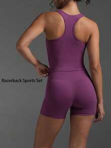 Women's Casual Sports 2 Pieces Set, Detachable Padding Racerback Sleeveless Top, High-Waisted Slim-Fit Butt-Lifting Cycling Shorts, Suitable For Gym And Daily Wear - Burgundy - View 2