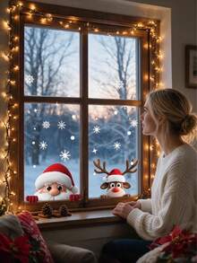1 Set Christmas Snowflake Glass Window Stickers, Christmas Sticker Decor, Holiday Snowflake Santa Claus Reindeer Snowman Stickers, Christmas Decoration Stickers, Holiday Party Decor, Christmas - A - View 6