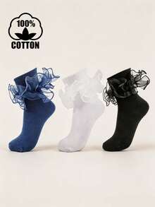 3 Pairs Baby Girls Solid Color Big Ruffle Lace Trim Cotton Tutu Dance Socks For Spring Summer Autumn Halloween Christmas Gift - Multicolor - View 2