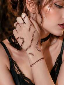 1 Sheet Halloween Temporary Tattoo Sticker, Non‑Reflective Realistic Stitch Suture Line Fake Tattoo, Waterproof Face Hand & Body Art Sticker For Women Gothic Cosplay Party Makeup - Multicolor - View 5