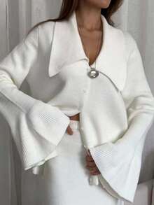 Women's White Knitted Cardigan With Turn-Down Collar And Flared Sleeves, Fashionable Button-Front Regular Fit Top For Autumn - White - View 1