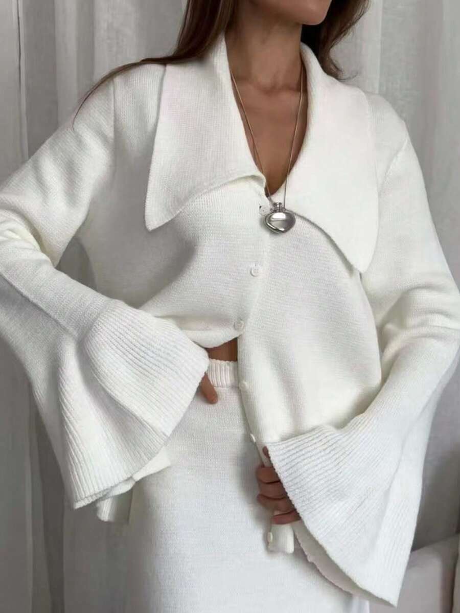 Women's White Knitted Cardigan With Turn-Down Collar And Flared Sleeves, Fashionable Button-Front Regular Fit Top For Autumn - White - View 1