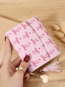 Fashion Bow Printed Women's Short Wallet, Portable Metal Heart-Shaped Tassel Decoration Three Fold Wallet, Suitable For Outdoor And Travel - Pink - View 12