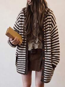 Women's Casual Striped Hooded Mid-Length Cardigan Sweater Jacket, Autumn/Winter - Coffee Brown - View 3