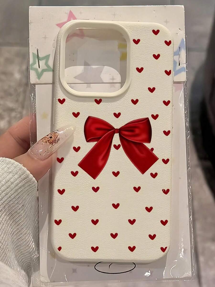 Christmas New Year Atmosphere Beige Lychee Texture Large Window Phone Case Korean Style Gentle Red Heart Bow Shockproof Shell Compatible With IPhone18Pro/18 Pro Max/17/17 Pro/17 Pro Max/16/16 Pro/16 Plus/16 Pro Max/15/15 Pro/15 Plus/14/14 Pro/14 Pro Max/13/13 Pro/13 Pro Max/12/12 Pro/12 Pro Max/11 Back To School Gift Girls Birthday Present Daily Versatile - Beige - View 1