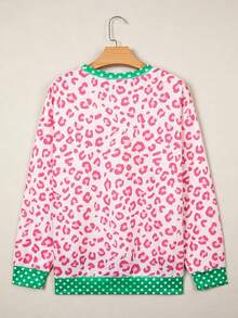 Acelitt Crew Neck Pink Leopard Print Polka Dot Contrast Trim Drop Shoulder Loose Fit Sweatshirt - Pink - View 4