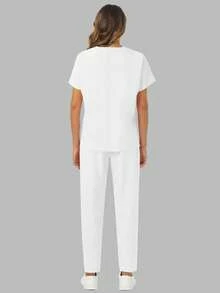V-Neck Multi-Pocket Short Sleeve Top & Tie Waist Long Pants Scrub Set White - White - View 3
