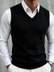 Men's Casual Classic V-Neck Knit Sweater Vest, Suitable For All Seasons - Black - View 4