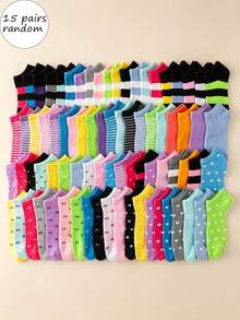 15 Pairs Random Assortment Women's Boat Socks, Spring/Summer Colorful Mixed Style Low-Cut Socks, Featuring Various Cute Elements, Bright And Rich Colors, Mainly Macaron Color Palette, Fashionable And Fun, Soft And Comfortable Fabric, Skin-Friendly And Non-Irritating, Breathable And Non-Stuffy, Suitable For Multiple Occasions - Multicolor - View 7