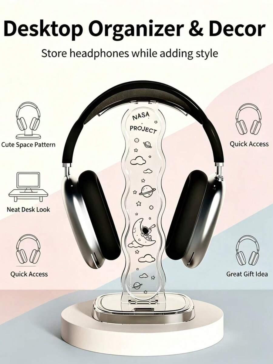 1 Pc, National Day Best-Selling Space Planet Over-Ear Headphone Stand, Transparent Wavy Desktop Headphone Holder, Stable Ear-Cup Headphone Display Rack, Home Office Gaming Desk Accessory, High-End Practical Over-Ear Headphone Stand And Headphone Accessory - Clear - View 1