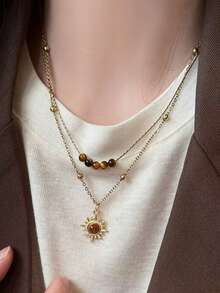 QTHOPE Kalung Bunga Matahari Emas Vintage dengan Batu Mata Harimau untuk Wanita, Desain Niche Rantai Sweater Berlapis, Aksesori Rantai Tulang Selangka Musim Gugur/Dingin - matahari - View 5