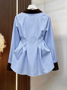 Blue Striped Colorblock Collar Shirt, Cinched Waist Gold Button Top, Elegant Commuter Wear - Blue and White - View 6