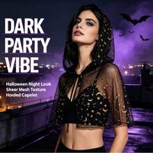 Moon & Star Hooded Cape, Halloween Costume, Black Transparent Mesh Tie-Front Short Cape, Suitable For Photo Shoots - Black - View 2
