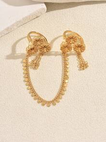 1pc Arabic Vintage Multi-Layer Petal Floral Embossed Bell Dangle Tassel Chain Finger Ring, Women's Wedding Evening Party Celebration Accessory - Yellow Gold - View 9