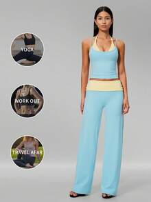 MFVIM Women's Skin-Friendly Yoga Set, Spaghetti Strap Camisole Top + Colorblock Wide Leg Pants - Baby Blue - View 6