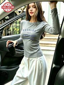Women's Pure Cotton Long Sleeve T-Shirt French Minimalist Style With Blue Letter Print, Crew Neck Slim Fit, Autumn Winter Basic Layering Tee - Grey - View 5