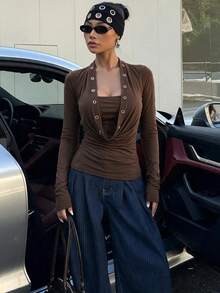 Sexy Style Hollow Neckline 2 In 1 Long Sleeve Top, Slim Fit Waist-Cinching Elastic Design Base Layer T-Shirt For Women - Brown - View 1