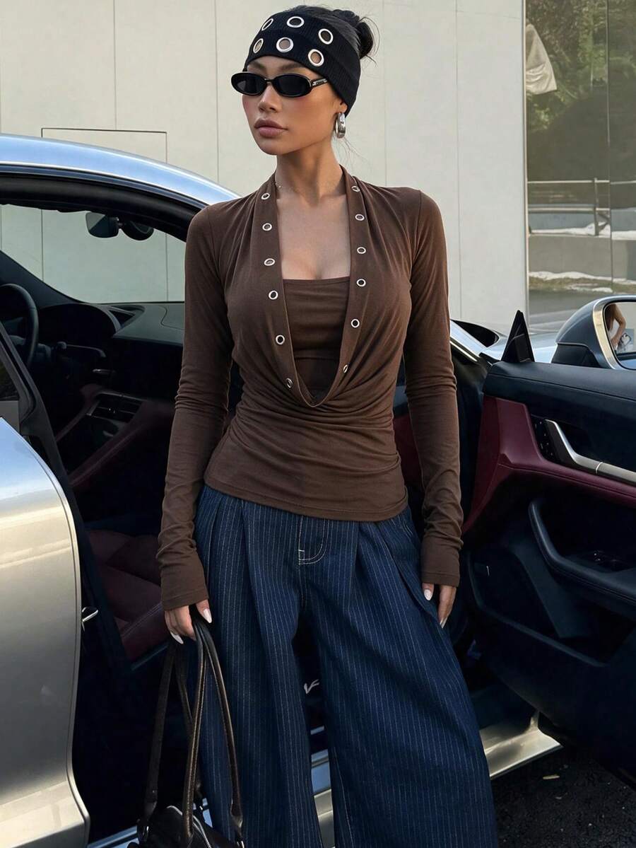 Sexy Style Hollow Neckline 2 In 1 Long Sleeve Top, Slim Fit Waist-Cinching Elastic Design Base Layer T-Shirt For Women - Brown - View 1