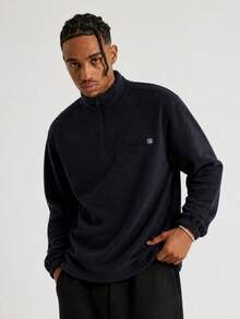 Men's Casual Half-Zip Denim Long Sleeve Sweatshirt - Navy Blue - View 1