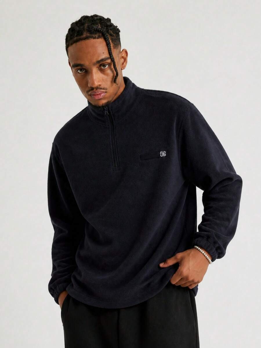 Men's Casual Half-Zip Denim Long Sleeve Sweatshirt - Navy Blue - View 1
