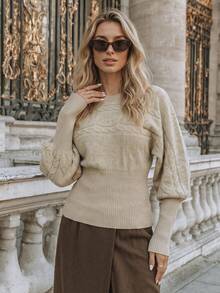 NiceArt Women's Fall Winter Khaki Minimal Knit Top, Crew Neck Cable Knit Raglan Lantern Sleeve Sweater With Ribbed Waist For Daily & Office Wear - Khaki - View 1