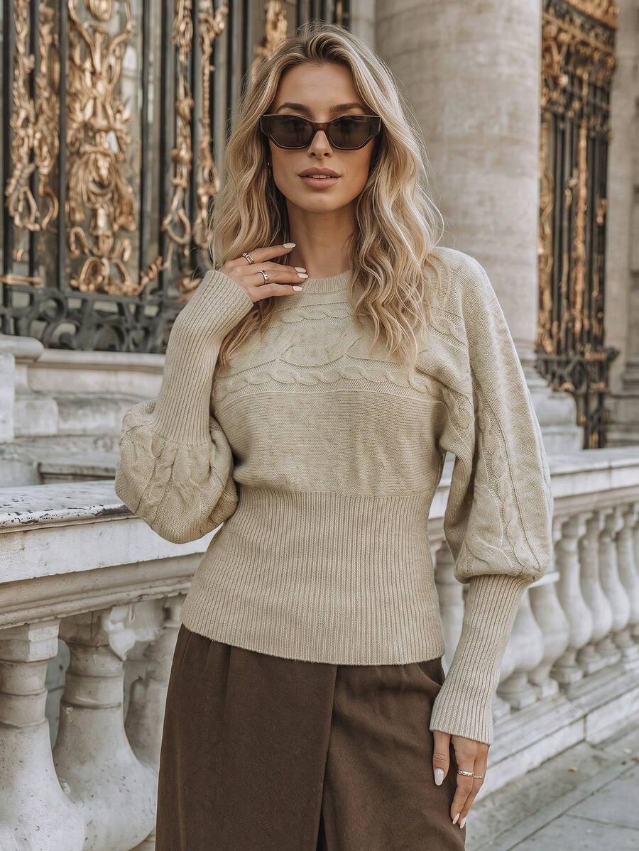 NiceArt Women's Fall Winter Khaki Minimal Knit Top, Crew Neck Cable Knit Raglan Lantern Sleeve Sweater With Ribbed Waist For Daily & Office Wear - Khaki - View 1