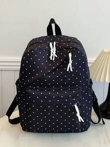 1 Large Capacity Nylon Student Backpack; Minimalist Polka Dot Print College Student Backpack; Nylon Backpack For Teen Girls - Black - View 1