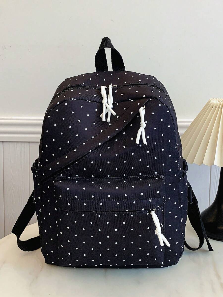 1 Large Capacity Nylon Student Backpack; Minimalist Polka Dot Print College Student Backpack; Nylon Backpack For Teen Girls - Black - View 1