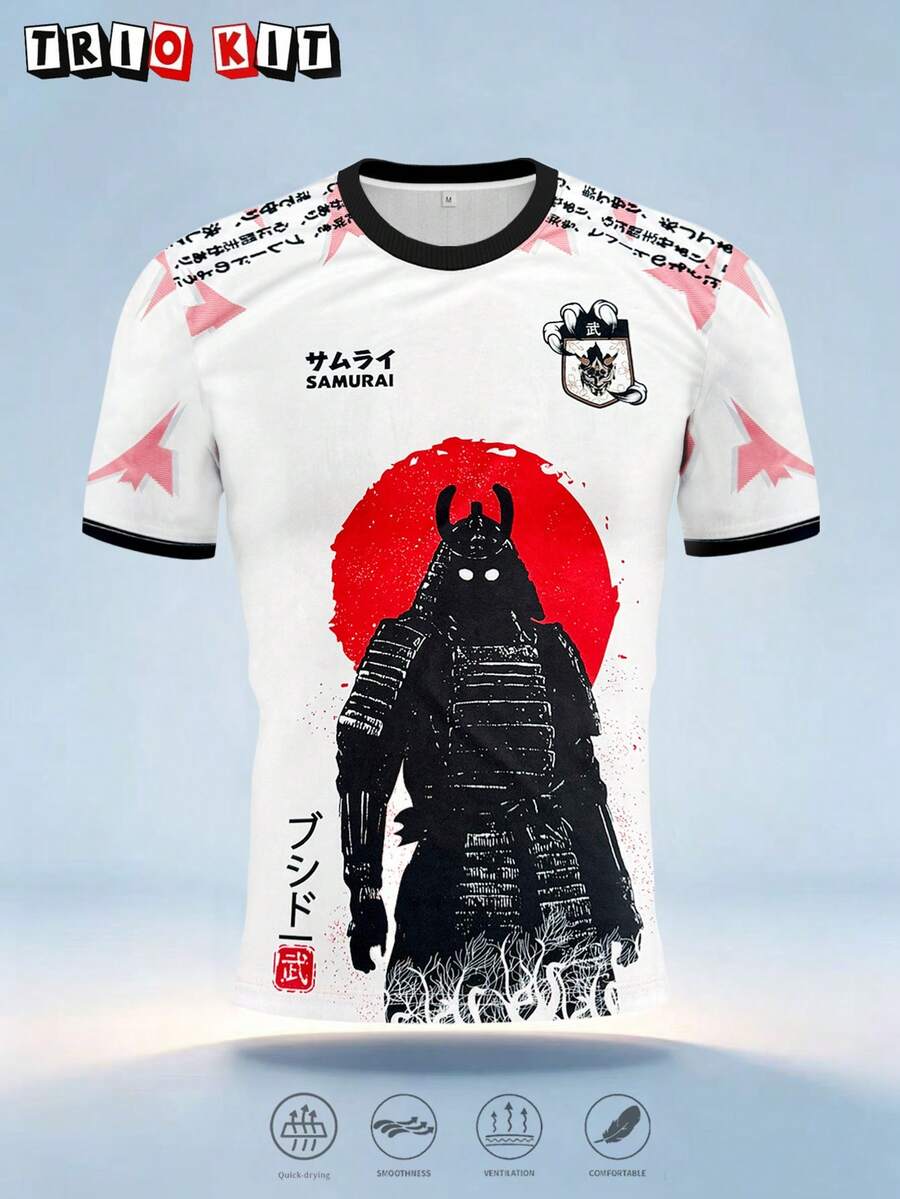 New Japanese Autumn Style Men's Soccer Jersey & Lightweight Soft Japanese Samurai Design Short Sleeve & Match, Casual, Gift