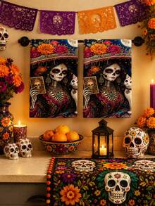 2pcs/4pcs Colorful Sugar Skull Towels, Paper Cut Bunting Candle Floral Print, Soft Absorbent Microfiber, Bathroom Kitchen Holiday Decor Gift - Multicolor - View 1