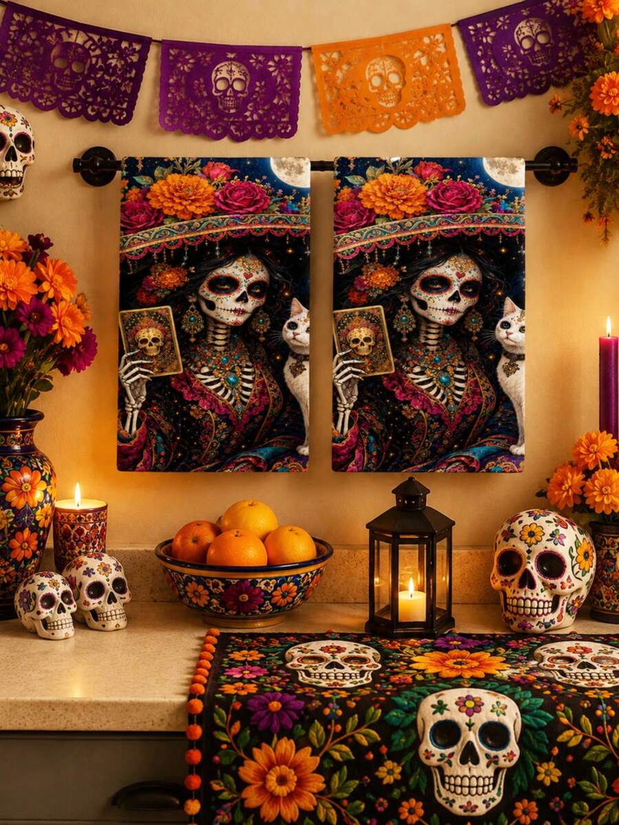 2pcs/4pcs Colorful Sugar Skull Towels, Paper Cut Bunting Candle Floral Print, Soft Absorbent Microfiber, Bathroom Kitchen Holiday Decor Gift - Multicolor - View 1