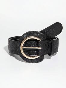1件女款方形扣復古美拉德風皮革腰帶，適合秋冬日常穿搭 - 黑色 - 查看 2