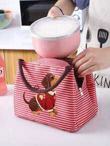 Cute Dachshund Striped Lunch Bag With Utensil Storage, 2D Flat Pattern, Portable Insulated Lunch Bag, Handheld Lunch Bag, Multi-Functional Thermal Bag, Office Lunch Bag, Suitable For School, Picnic, Commute, Reusable, Waterproof Lunch Box, Back To School Essential, Unique Party Gift, Back To School Gift, New Job Gift, Birthday Gift - Multicolor - View 7