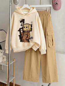 Boys' And Teens' 2 Pieces Set: Apricot Hooded Sweatshirt With Khaki Cargo Pants; Creative Anime Print Pullover, Simple Casual Style Long Sleeve Long Pants Outfit - Apricot - View 3