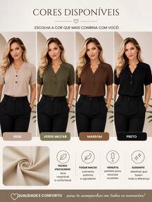 Blusa Camisa Feminina Elegante Casual Social com Botão - Marrom - Visão 7